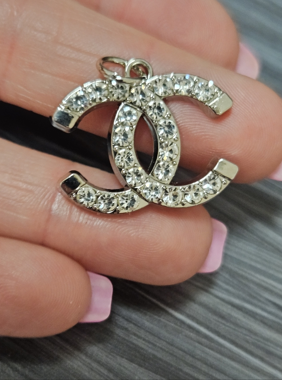 Chanel Stamped Replacement Pull Crystal-Embellished Double C Pendant In Silver